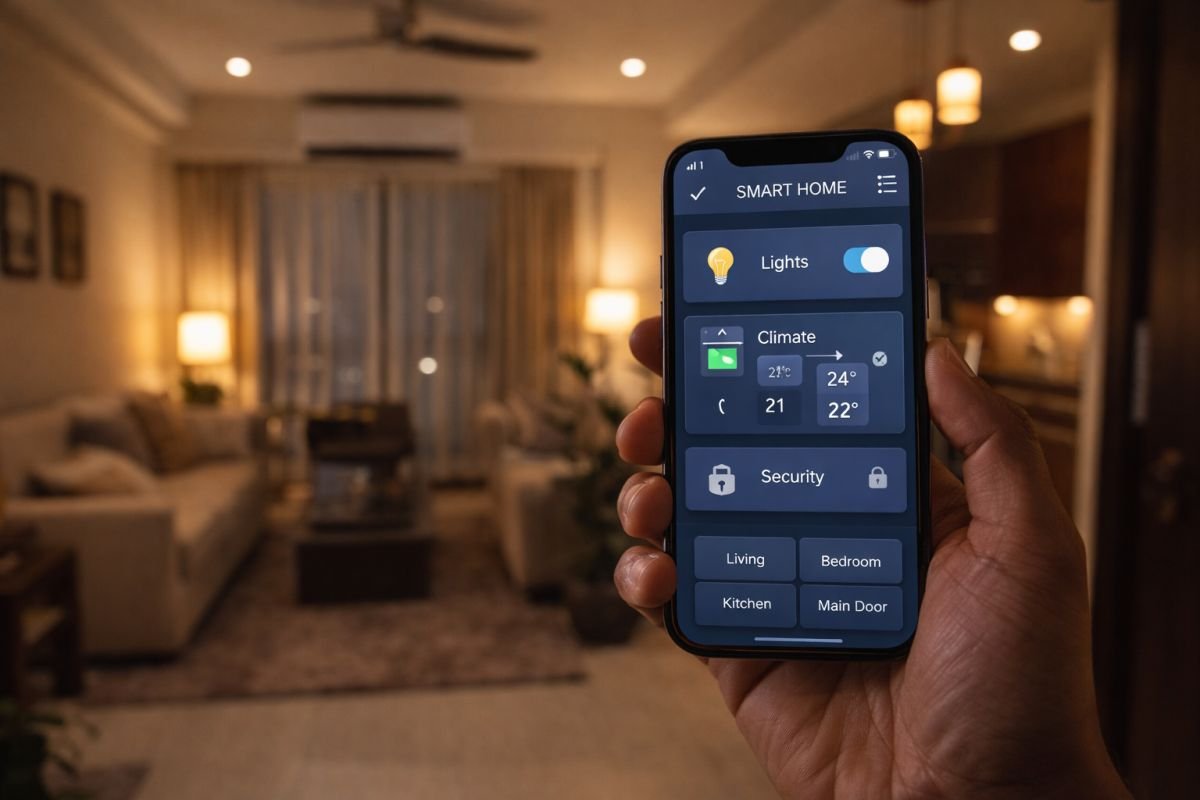 Smart home mobile app controlling lighting, security, and appliances