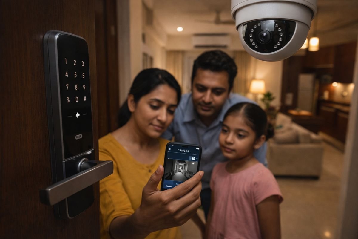 Smart home security features including digital lock and camera system