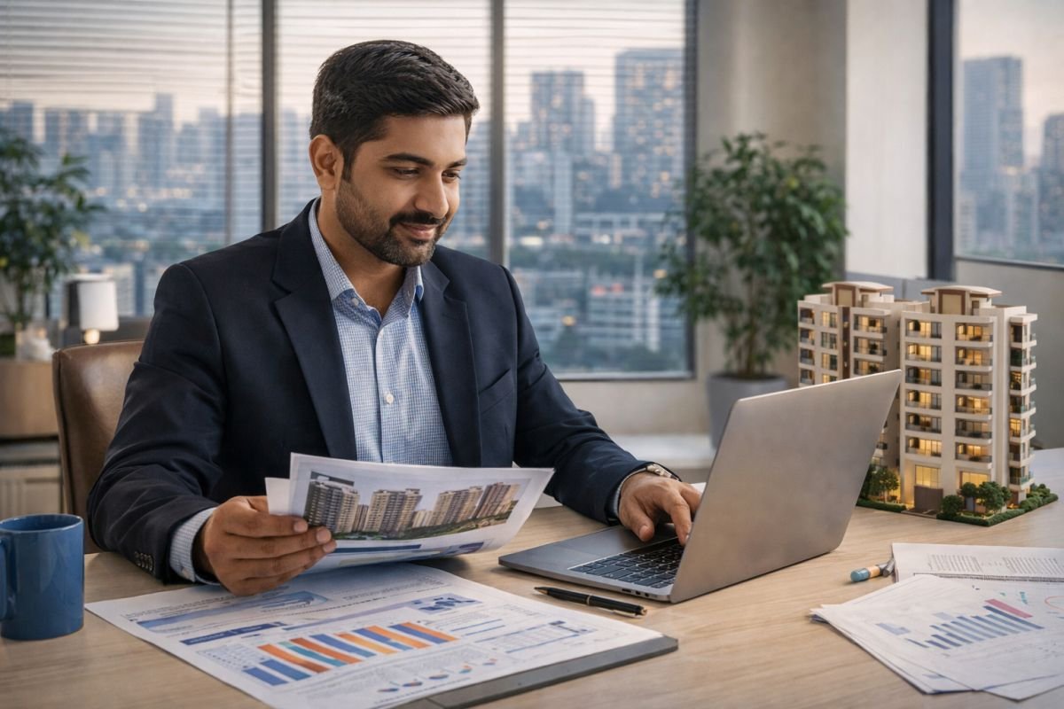 real estate investor analyzing Gurgaon property documents laptop planning