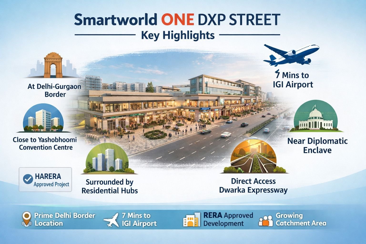 Smartworld One DXP Street key highlights location connectivity IGI airport proximity