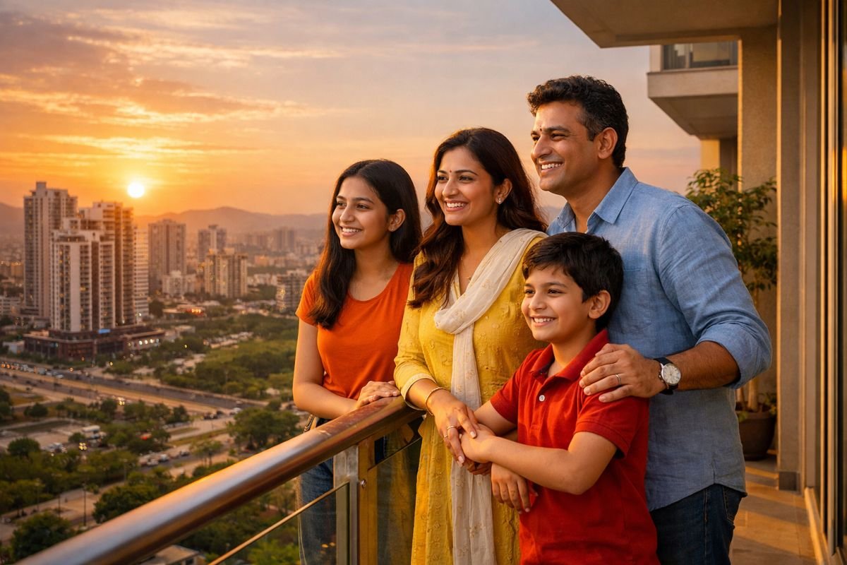 Indian family balcony modern apartment Sohna Gurgaon sunset lifestyle investment future