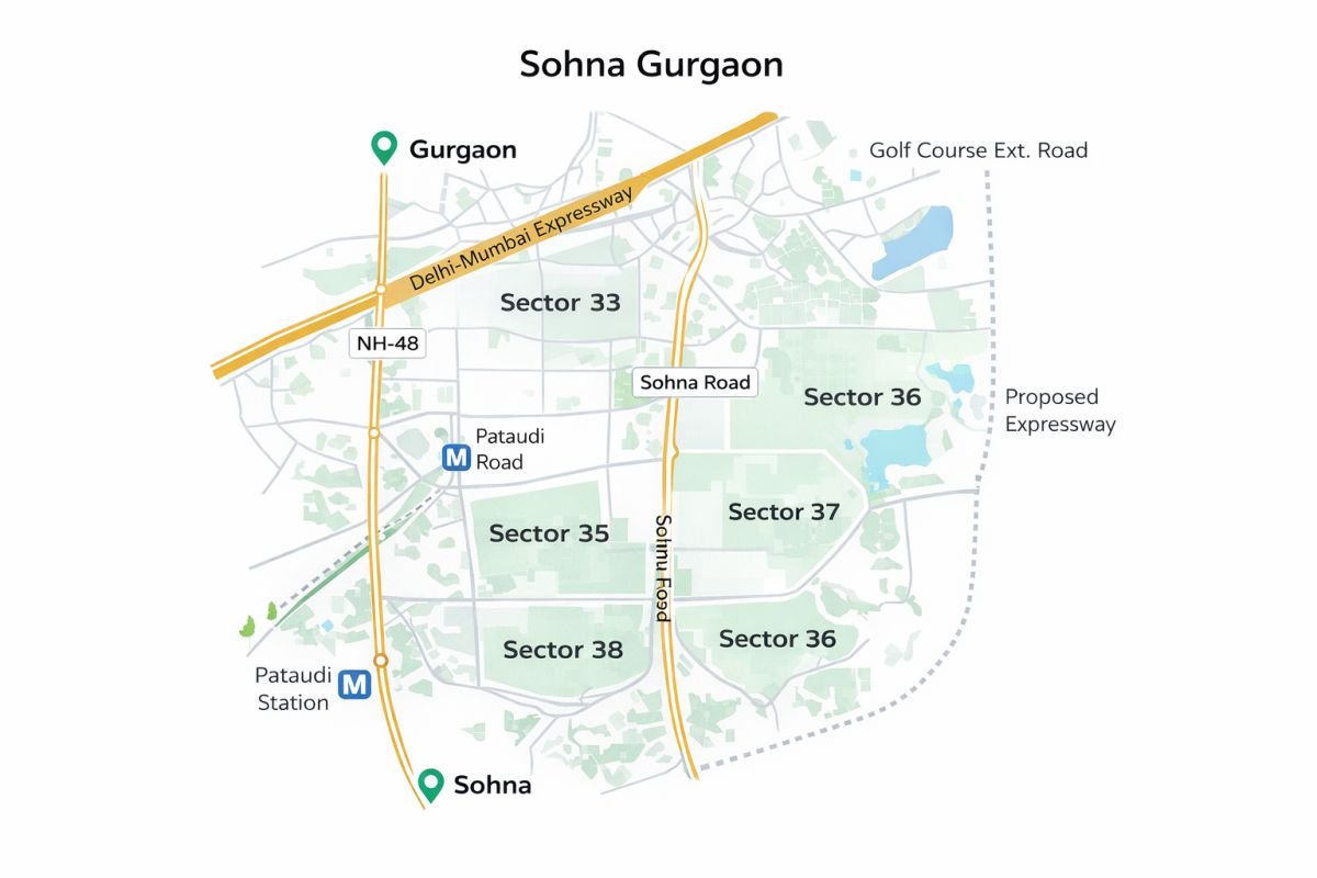 Sohna sectors 33 35 36 37 38 investment hotspots map Gurgaon plotted development