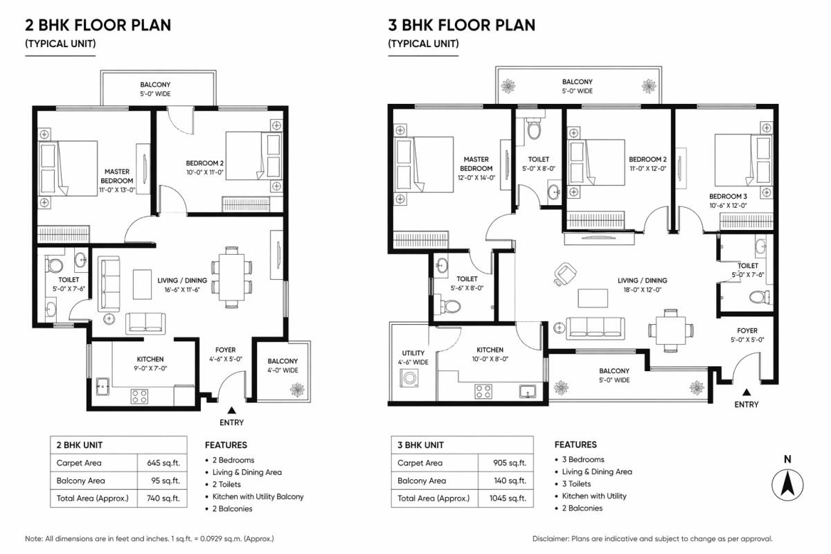 Suncity Avenue 102 2 BHK and 3 BHK floor plan layout with room details