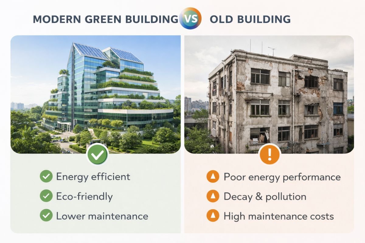 Green buildings vs traditional buildings comparison Gurgaon real estate