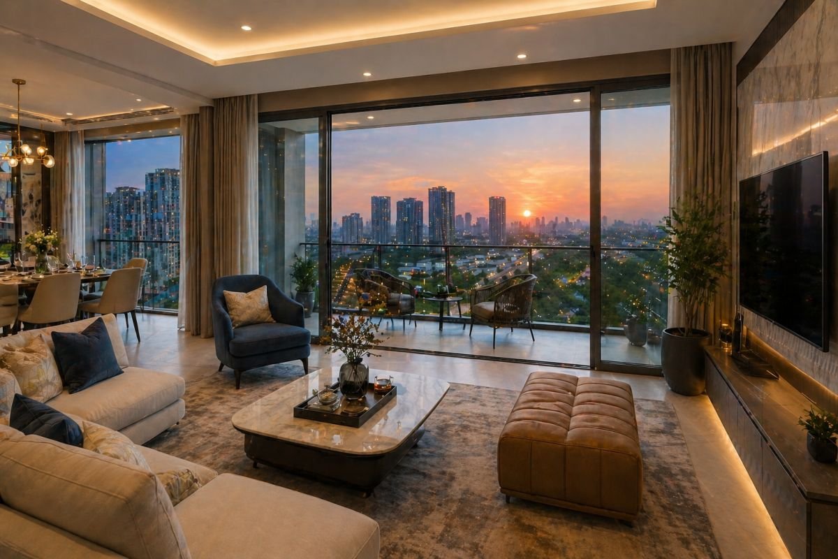 Luxury apartment interior Tata Gurgaon Gateway spacious living room balcony view Gurgaon