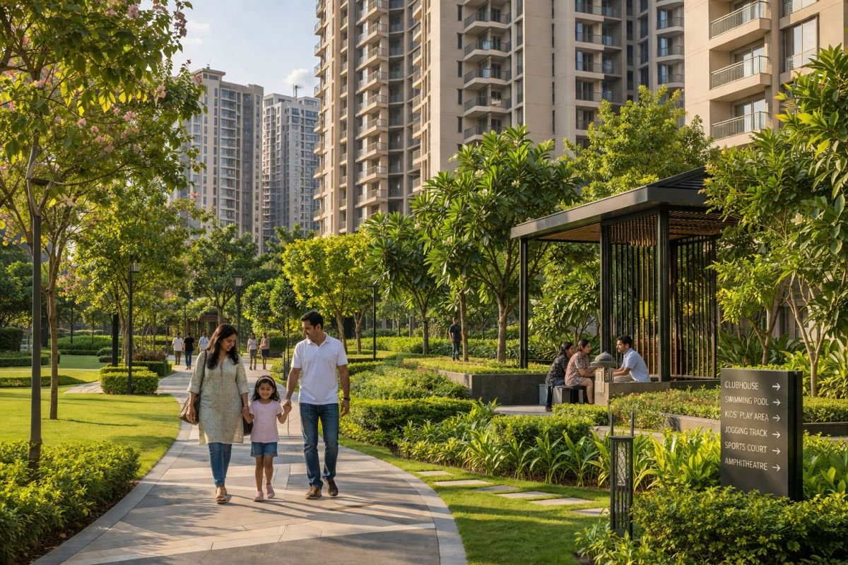 Luxury residential community Gurgaon families walking landscaped gardens modern apartments