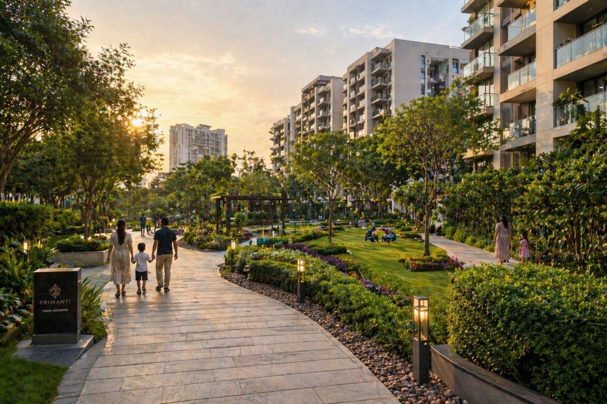 Tata Primanti landscaped gardens walking pathways greenery low density