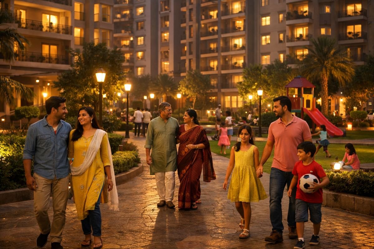 families walking in Tulip Ivory gated society Gurgaon evening lifestyle