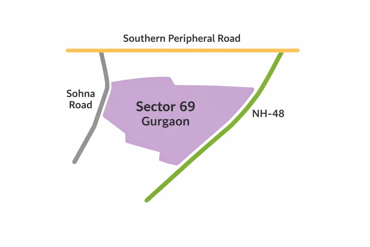Sector 69 Gurgaon location map showing SPR Sohna Road NH48 connectivity