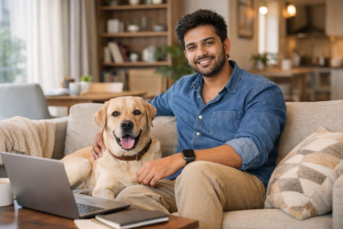 Indian professional relaxing at home with pet dog in modern apartment Gurgaon