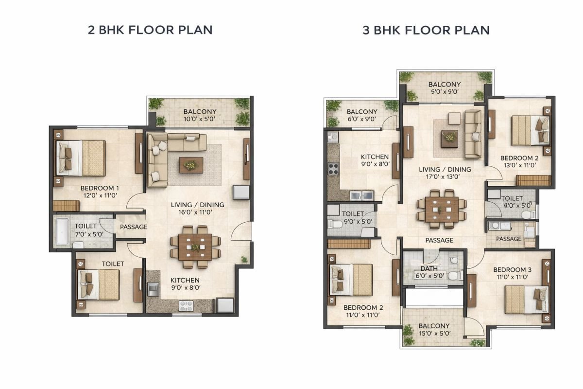 Vatika City Sector 49 Gurgaon 2 BHK 3 BHK apartment floor plan layout