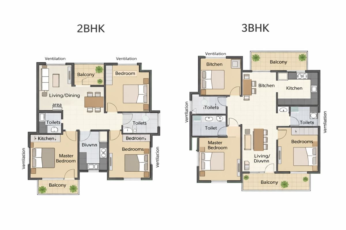 Vatika City Homes 2BHK and 3BHK apartment floor plan layout