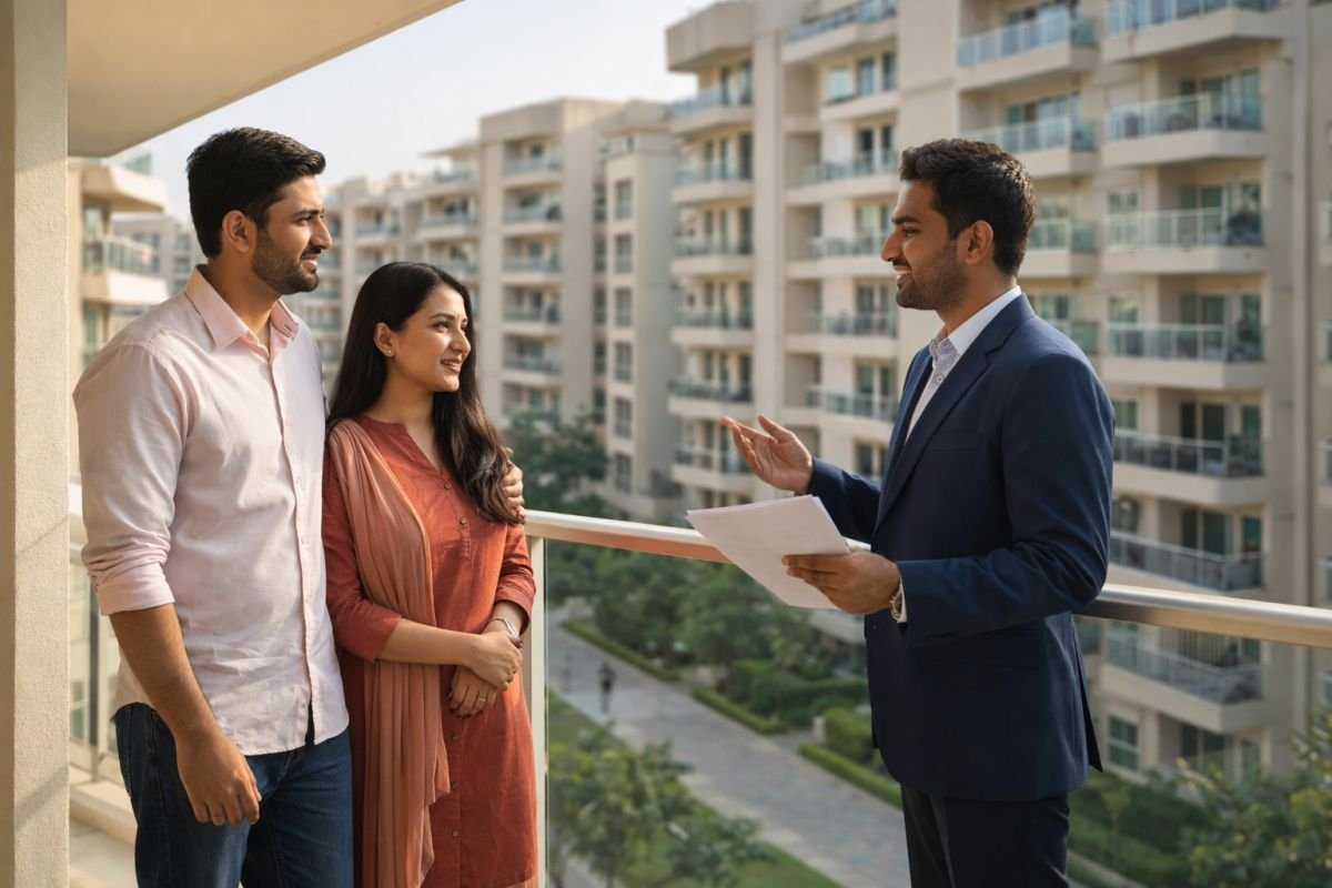 Family visiting Vatika City Homes Gurgaon with real estate agent