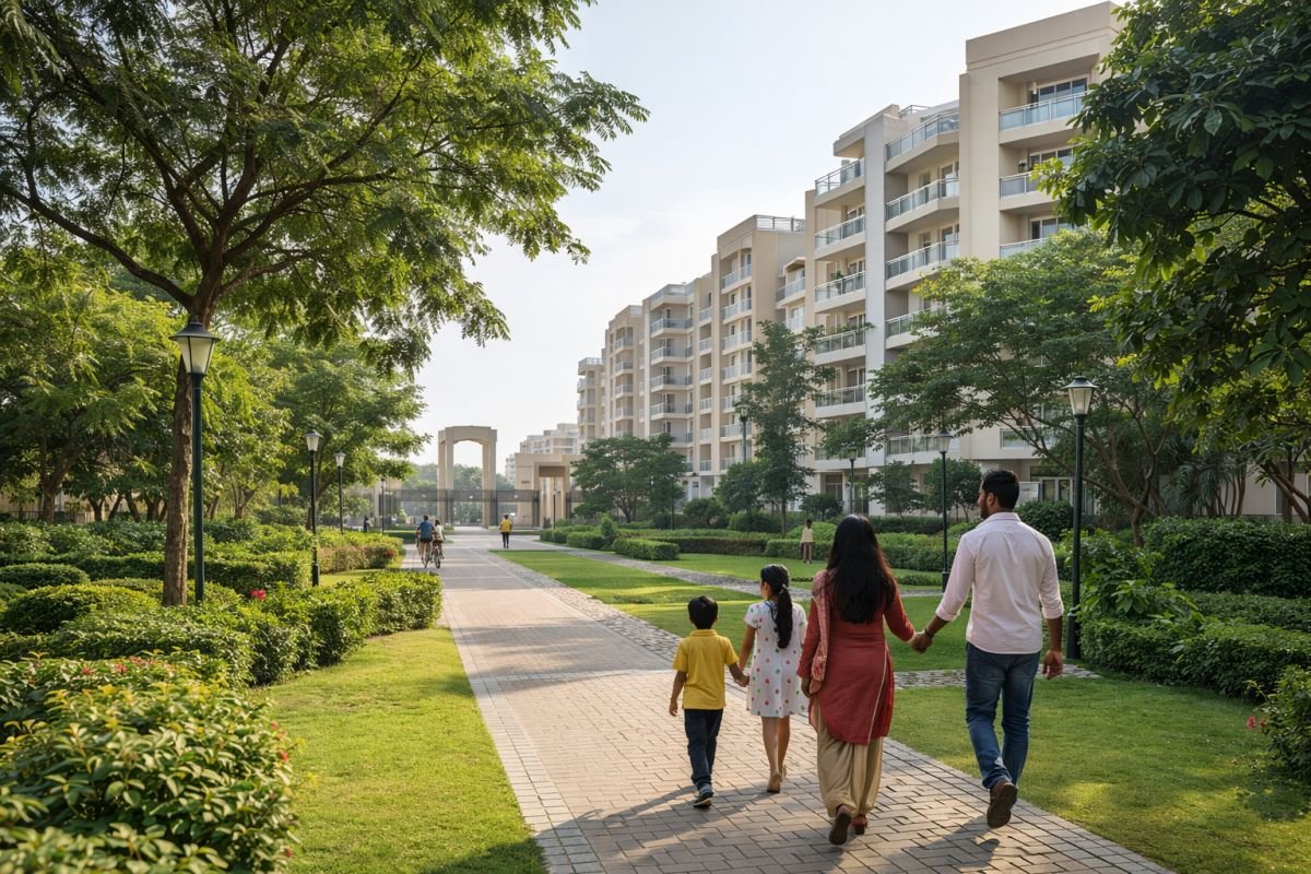 Green township environment with walkways and landscaped gardens in Gurgaon