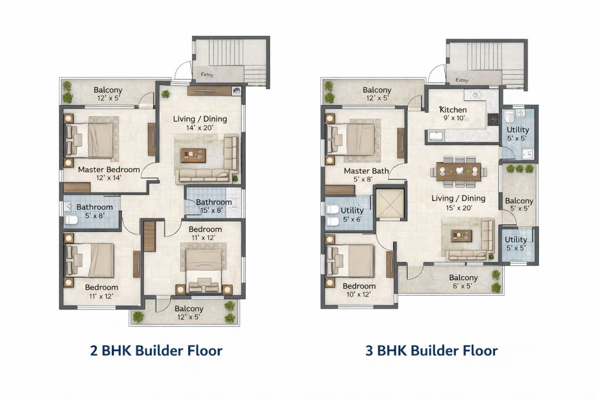 Vatika Signature Two 2 BHK and 3 BHK builder floor layout plan