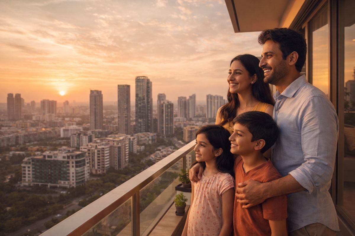 family enjoying balcony view in luxury apartment Sector 49 Gurgaon skyline sunset