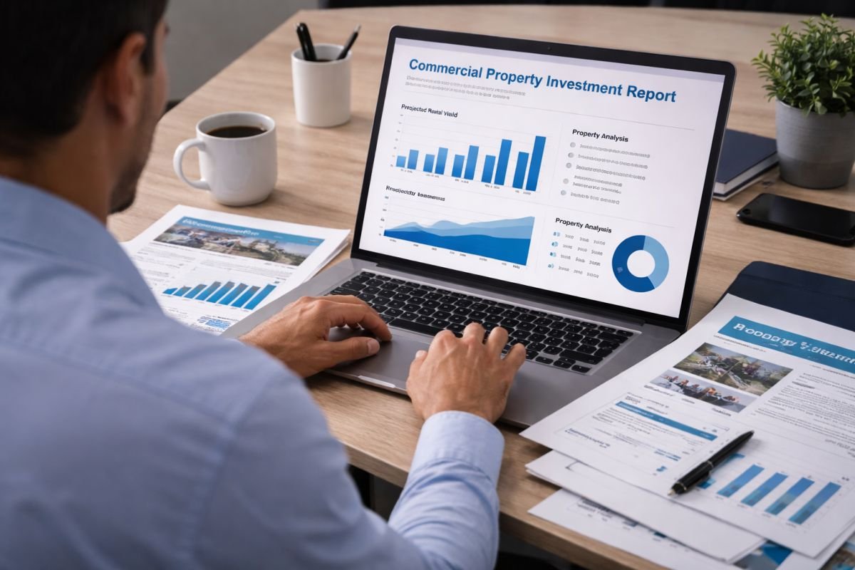 real estate investor reviewing healthcare commercial property investment documents