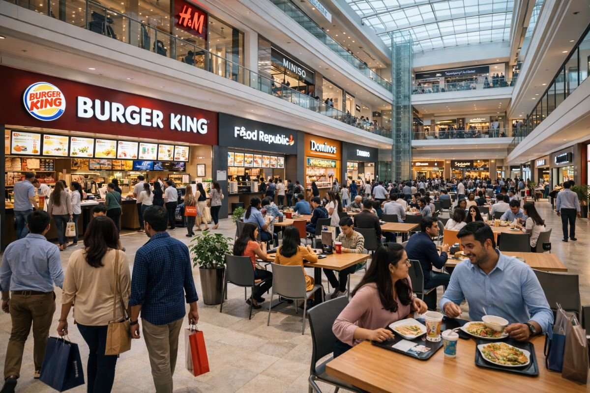 commercial retail mall investment concept with restaurant outlets and shoppers