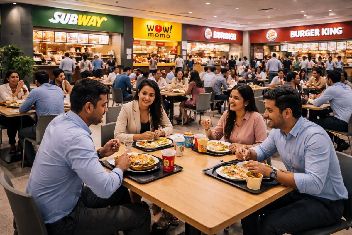 corporate employees eating lunch at a food court near office district