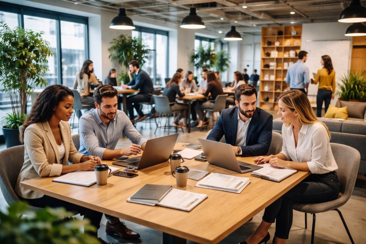 corporate professionals working in flexible coworking office environment