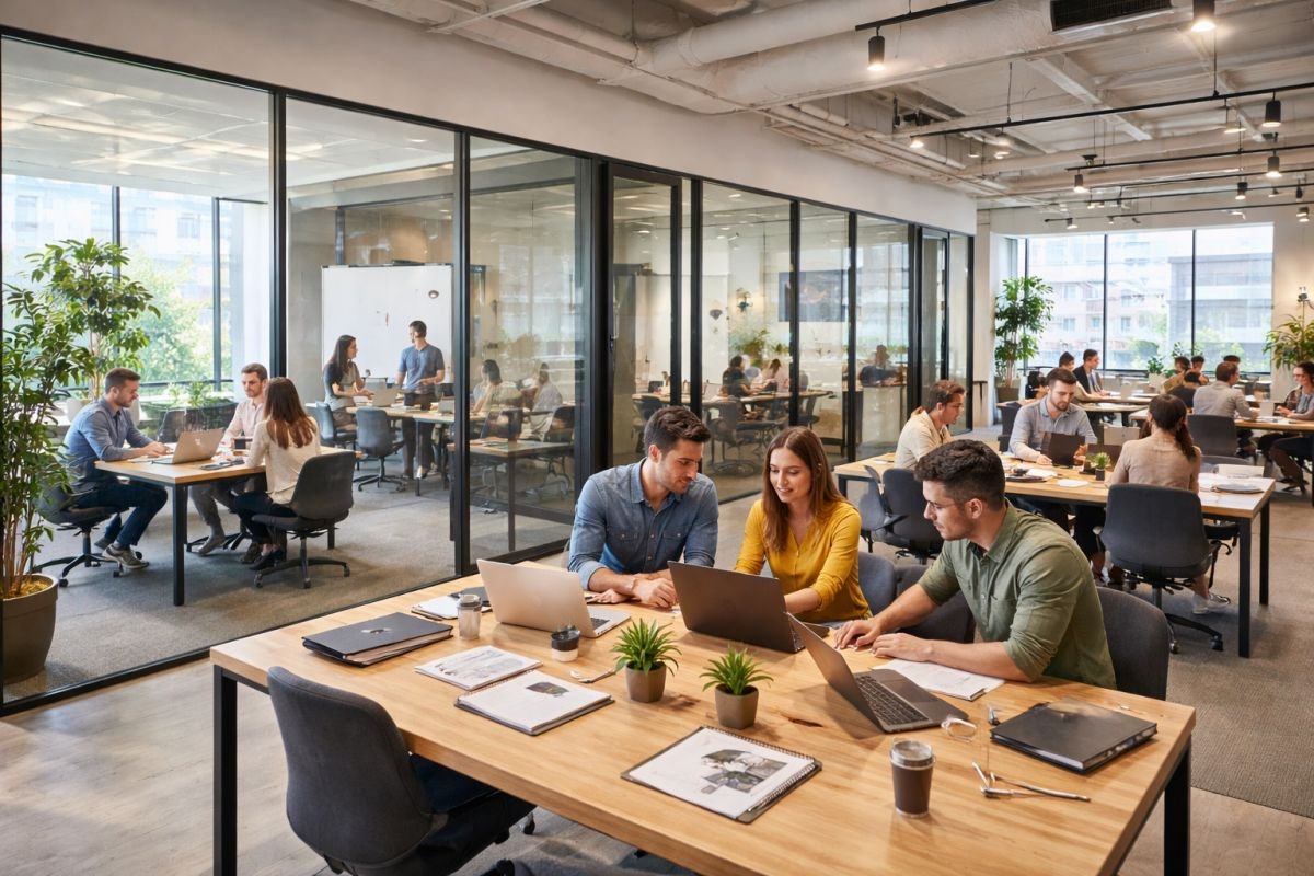 modern coworking office space with open desks and collaborative environment