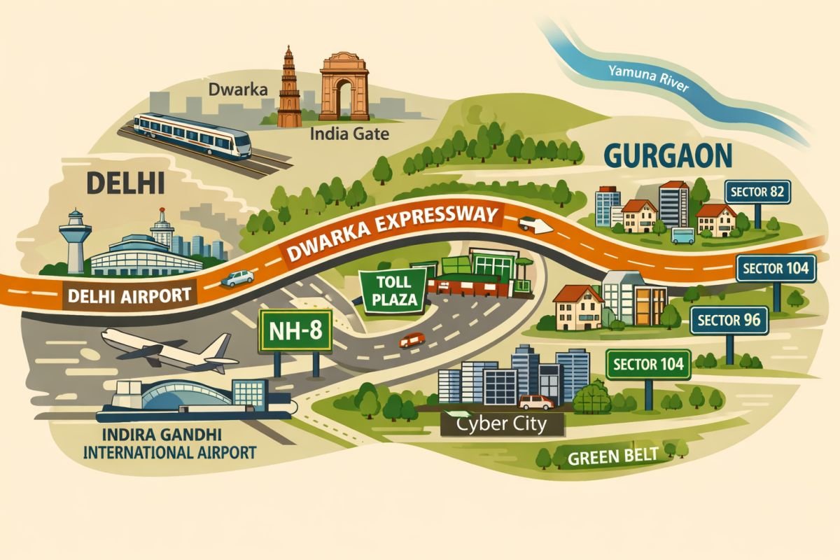 Dwarka Expressway connectivity Delhi airport Gurgaon map infrastructure