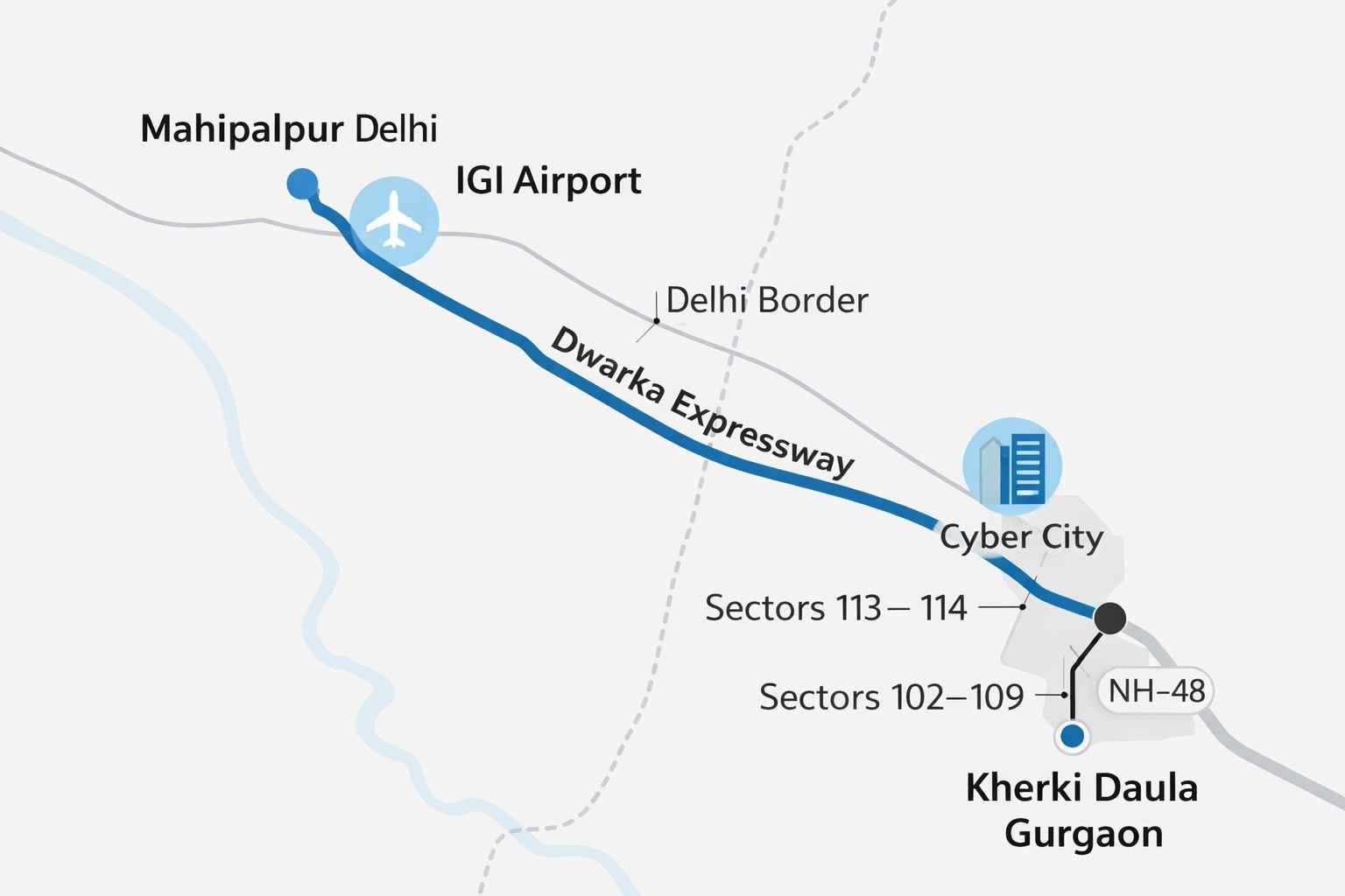 Dwarka Expressway connectivity map showing Delhi border, IGI Airport and Gurgaon access