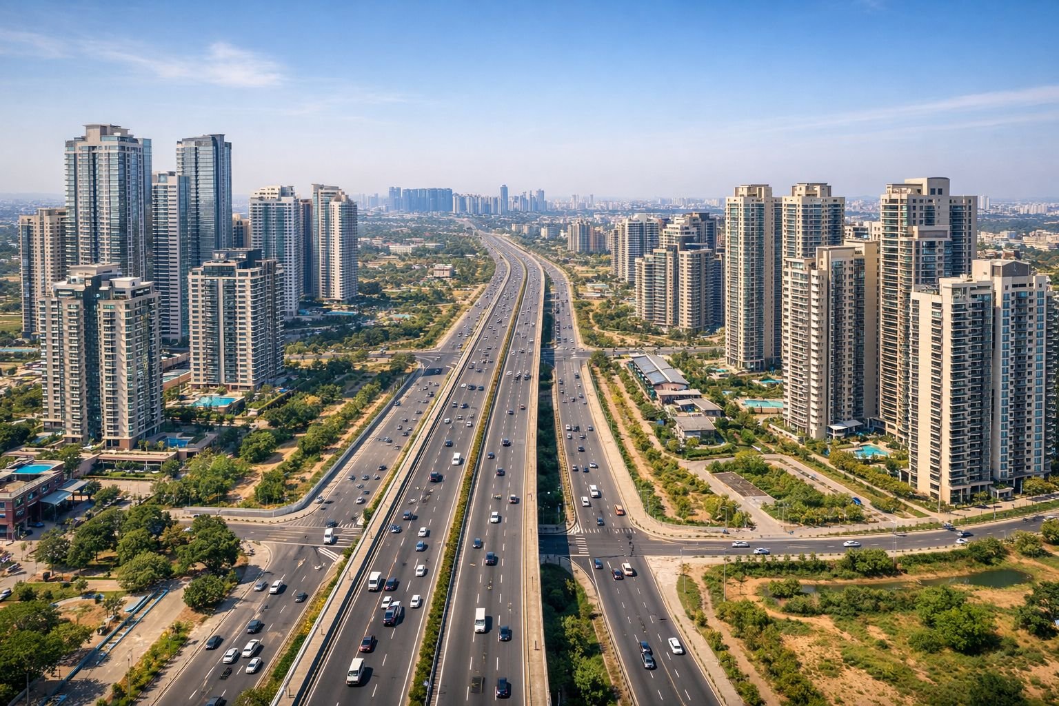 Dwarka Expressway Gurgaon 2026 operational corridor aerial view with luxury residential projects