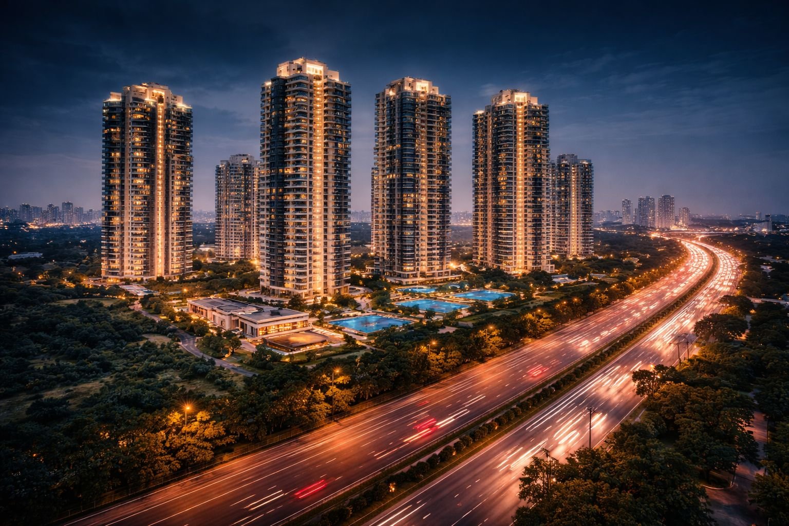 Dwarka Expressway Gurgaon luxury skyline at night 2026
