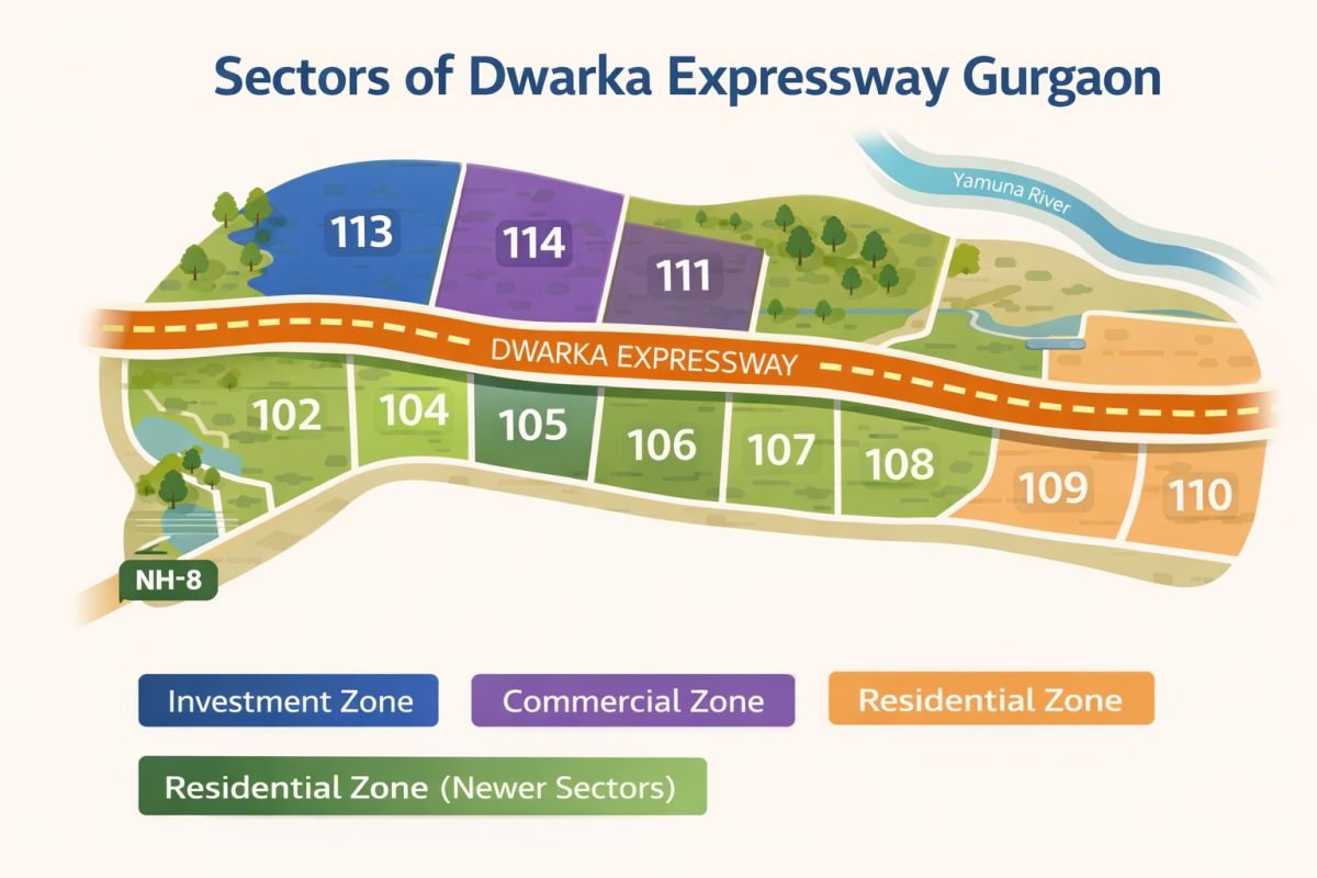 Dwarka Expressway sectors map 113 114 111 102 to 109 segmentation