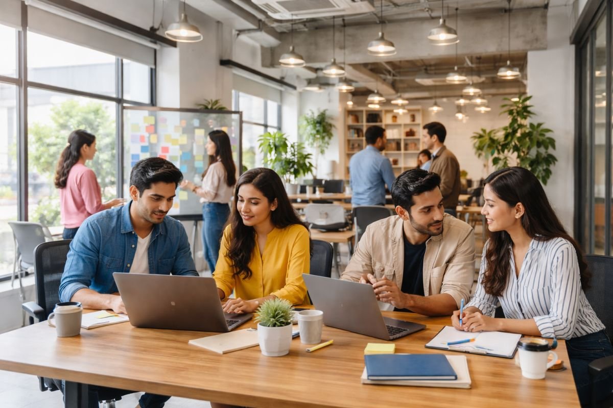 growing startup team working in flexible leased office