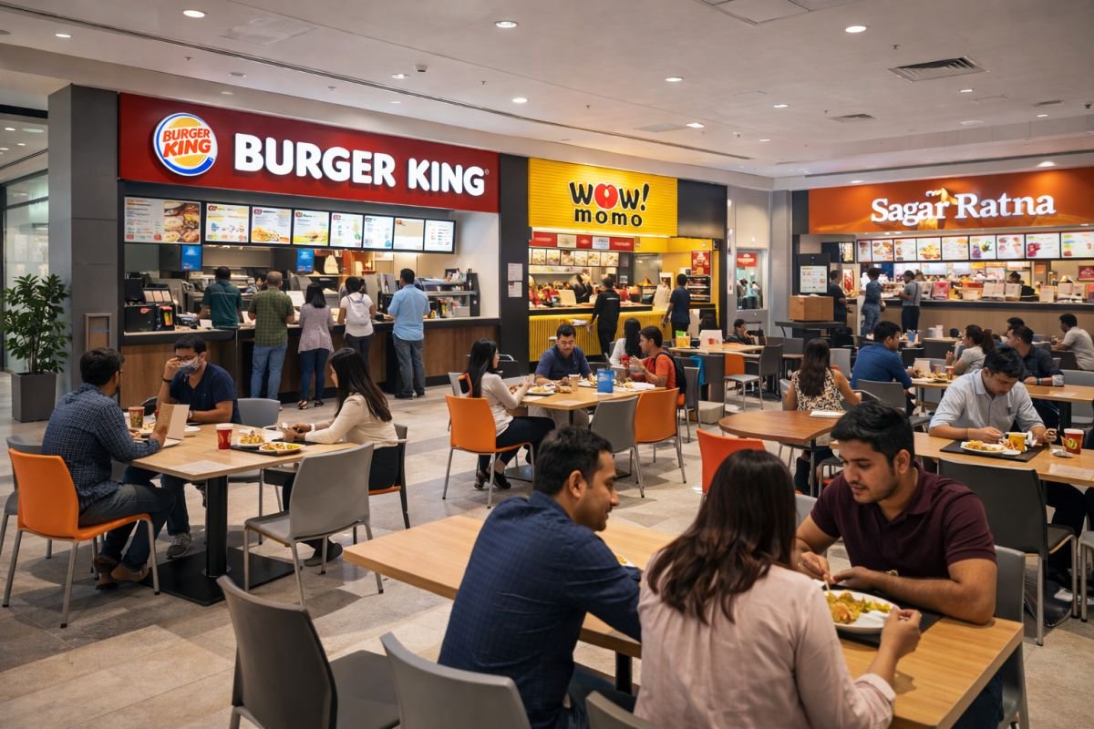 small food court restaurant unit inside a mall with shared seating area
