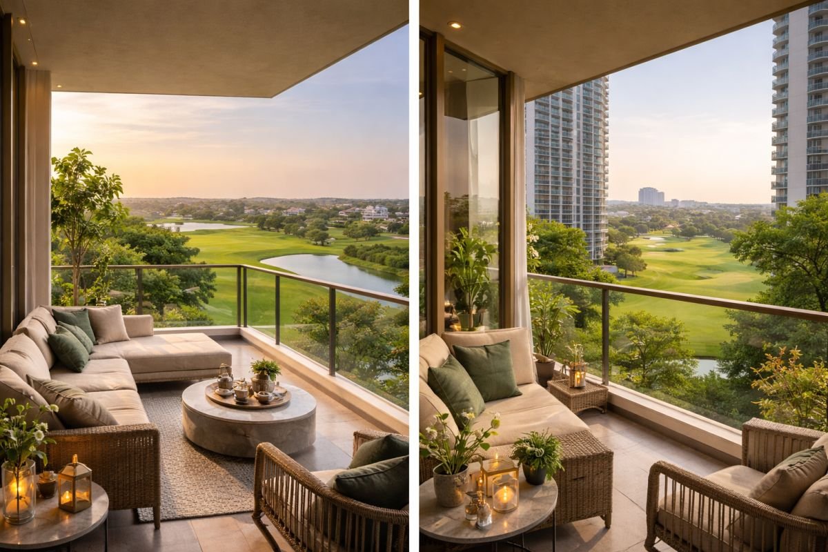 frontline golf facing apartment vs partial view difference Gurgaon balcony perspective