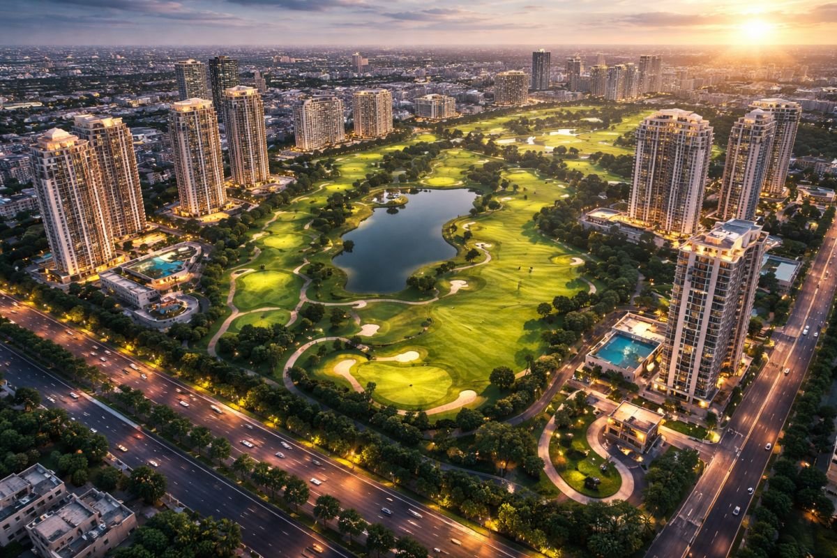 limited golf facing properties Gurgaon aerial view luxury towers green scarcity concept