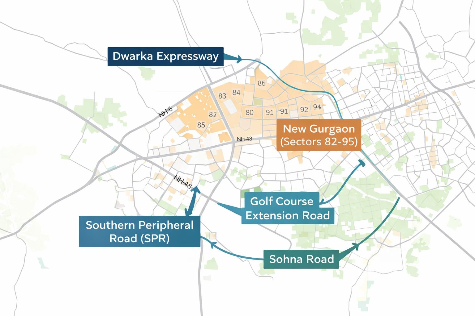 Map of major Gurgaon real estate investment corridors including Dwarka Expressway and SPR