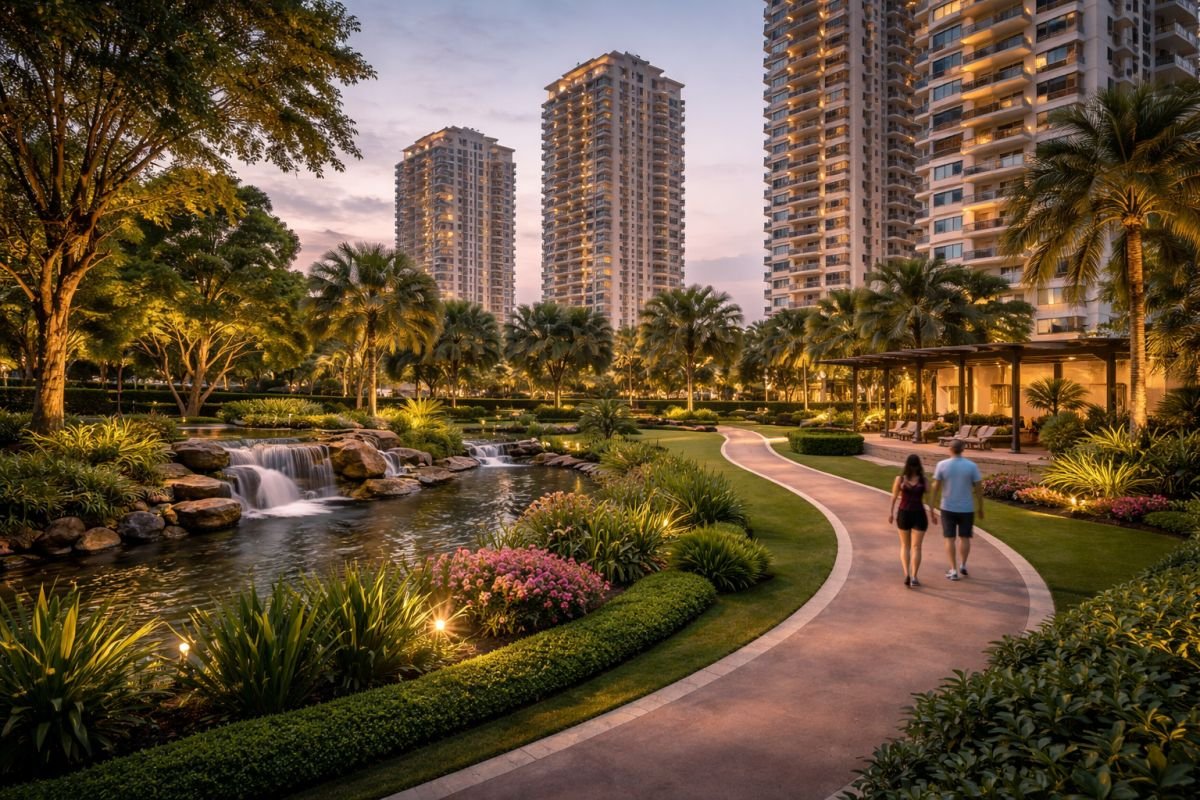 Gurgaon luxury residential open spaces green landscape walking tracks wellness