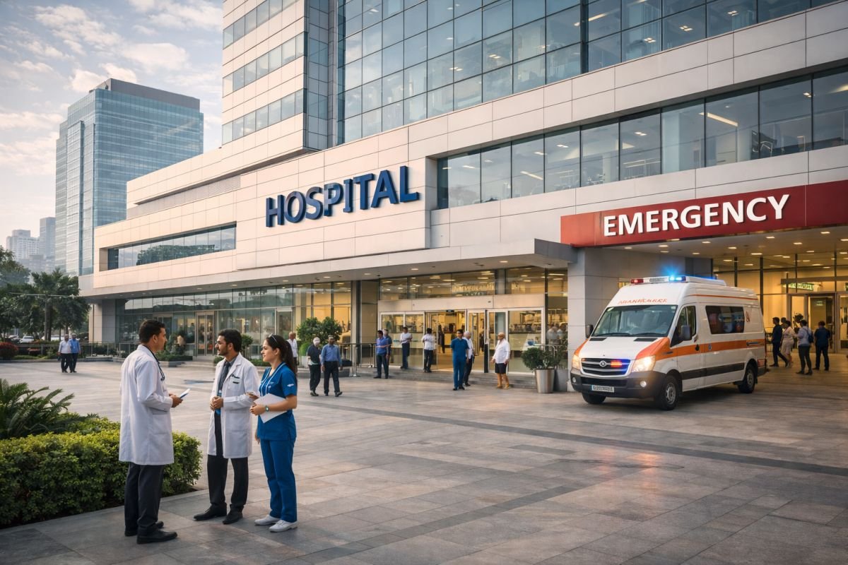 large private hospital building in Gurgaon with modern healthcare infrastructure