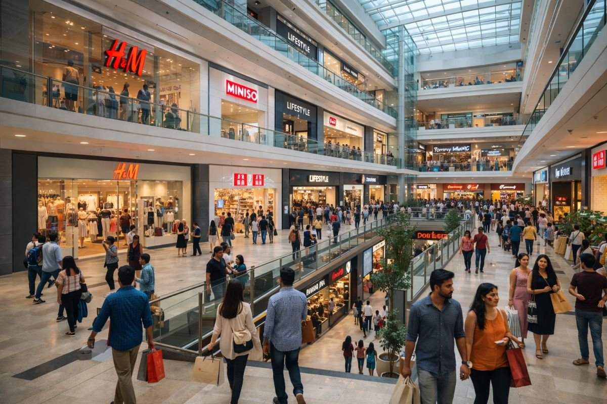 crowded shopping mall in Gurgaon with shoppers and food outlets