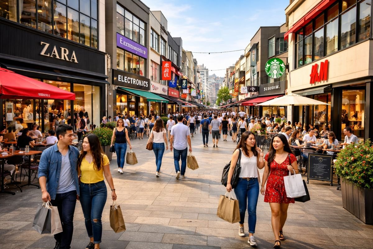 crowded retail street with cafes and fashion stores