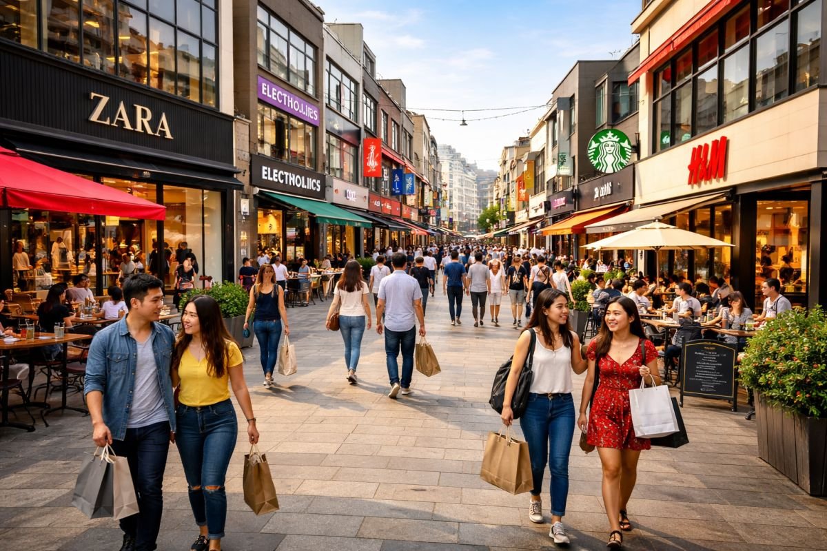 busy high street retail shopping district with storefronts