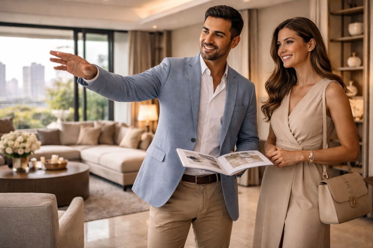 home buyers checking apartment layout modern interior Gurgaon