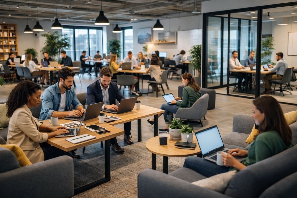hybrid work environment in coworking office with professionals using laptops