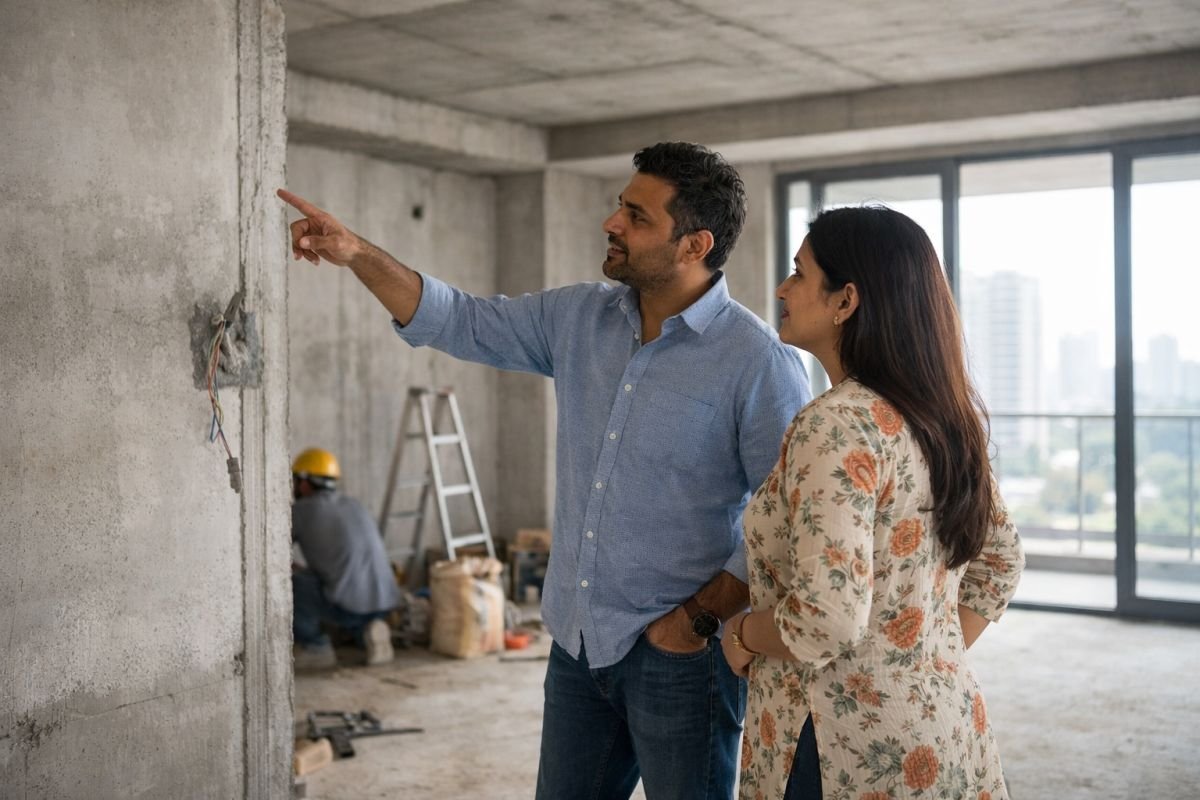 homebuyer analyzing apartment layout during site visit luxury property gurgaon