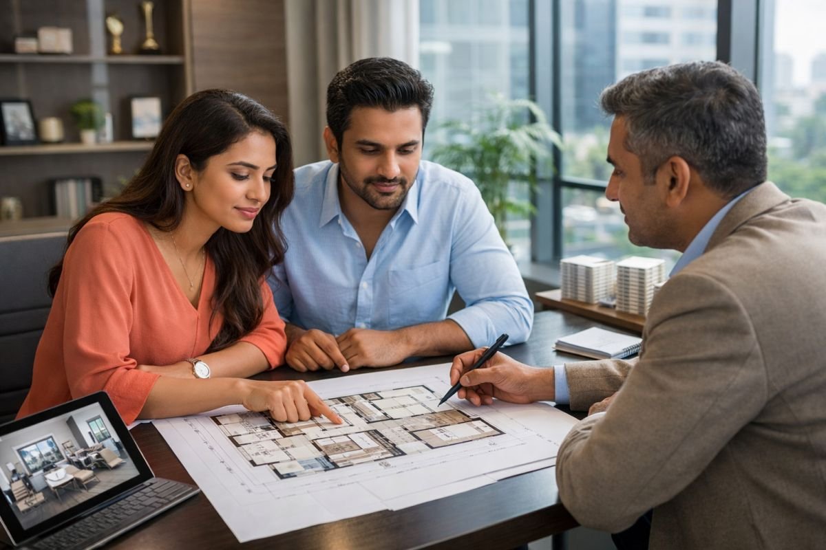 homebuyers discussing apartment layout customization in luxury property