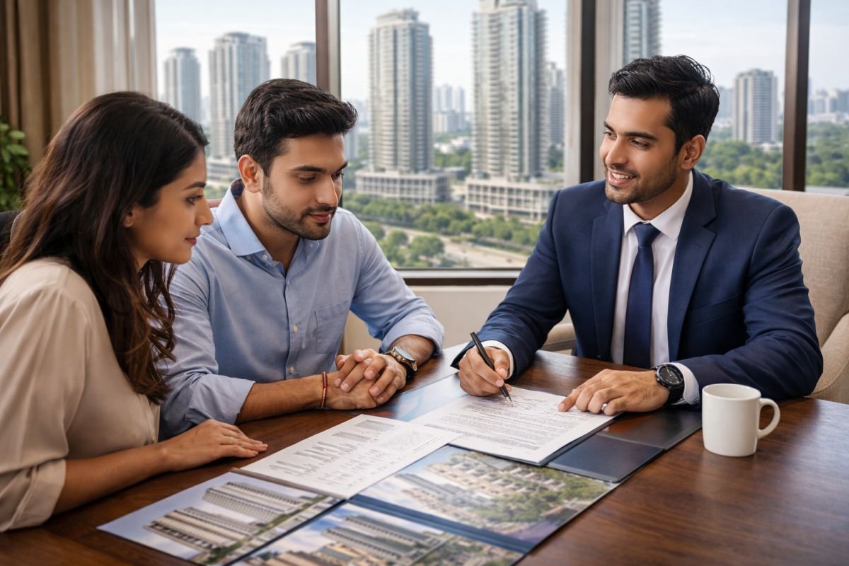 buyer reviewing property documents before buying home