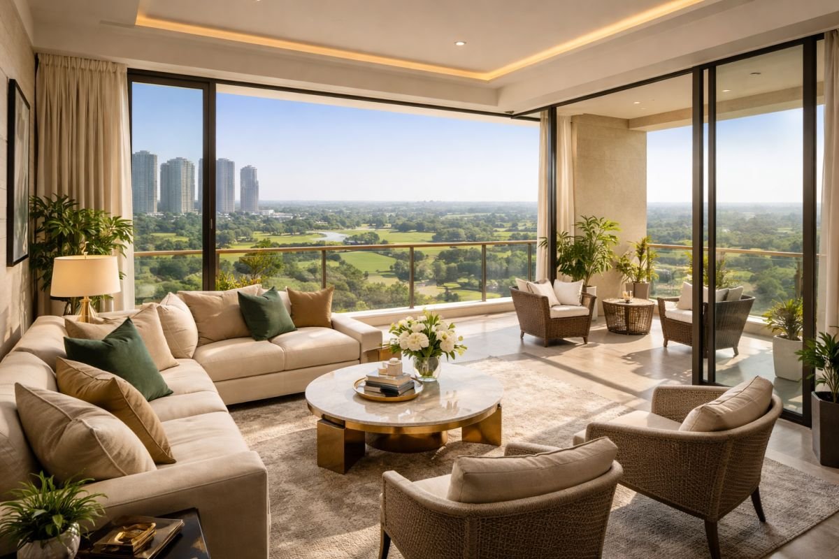 expat luxury apartment golf view Gurgaon modern interior balcony view