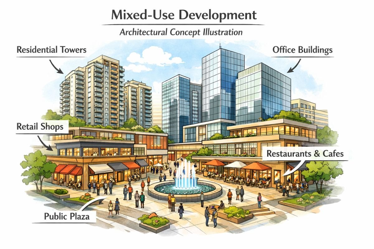 Diagram showing components of a mixed-use development including residential, office and retail