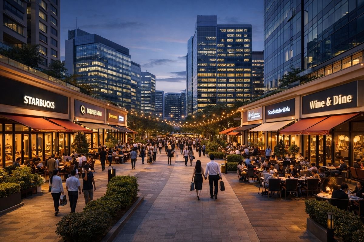 Retail promenade in Gurgaon mixed-use development with cafes and restaurants