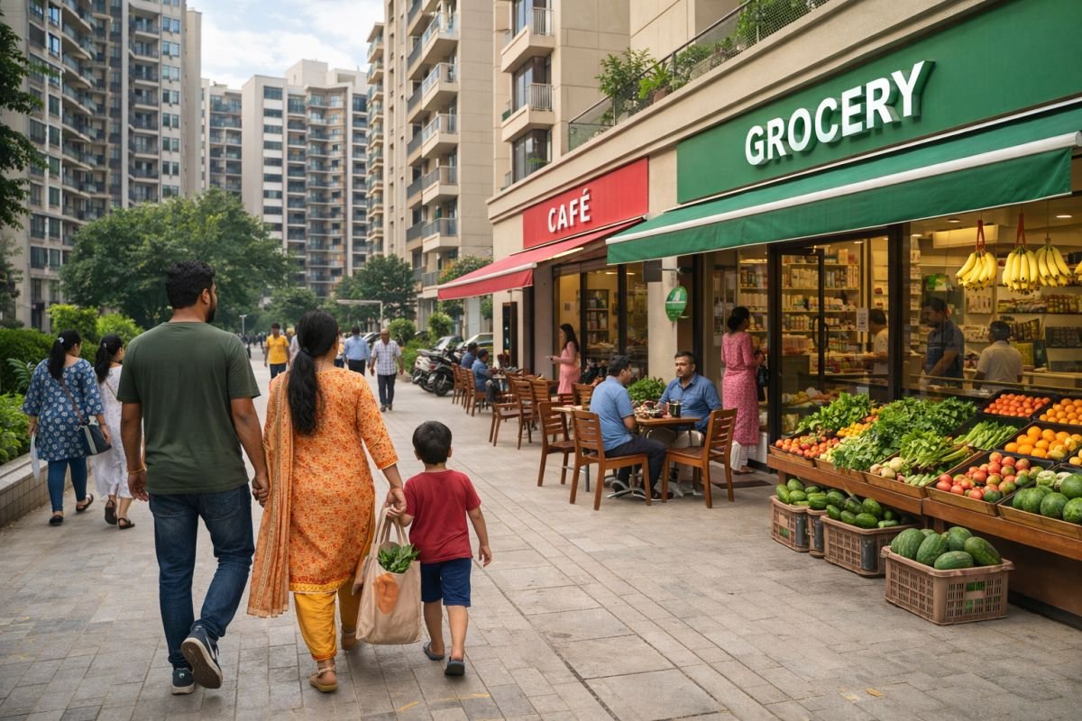 people shopping at neighborhood convenience stores near residential buildings