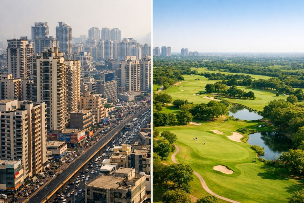 open golf course view vs dense city buildings Gurgaon comparison